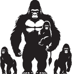 Gorilla Family Silhouette Vector – Black and White Wildlife Illustration of Parent and Baby Apes