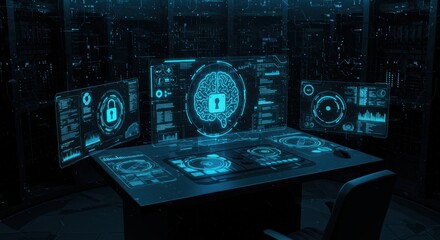 Advanced cyber security interface displays digital network protection system data and futuristic technology for secure communication