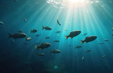 Fototapeta premium Group of fish swimming in tight formation in deep blue ocean. Fish bodies mix of brown, black hues. Sunlight pierces through water, creating contrast with fish. Unique perspective of underwater world.