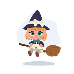 A cute cartoon witch with bright eyes riding a broomstick. magical girl chibi witch