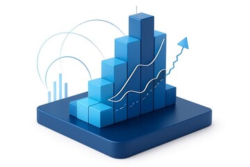 3d isometric blue bar graph showing upward trend with financial chart and growth arrow