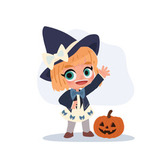 a cute girl in witch costume with pumpkin jack o lantern for halloween party celebration in october