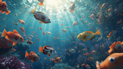 Fototapeta premium Vibrant Coral Reef Swim Colorful Reef Fish in Clear Water