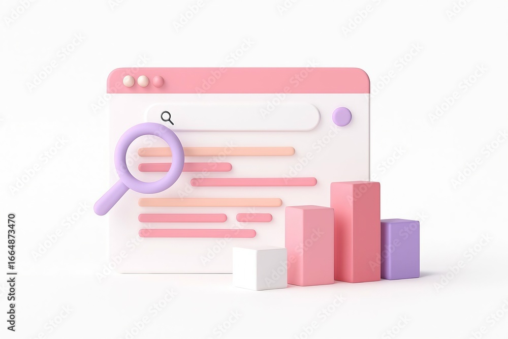 Poster 3d illustration of a search engine results page with a magnifying glass and data charts