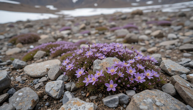 A cluster of delicate purple wildflowers blooms vibrantly amidst a rocky, barren terrain, showcasing natures resilience in a harsh mountain environment
