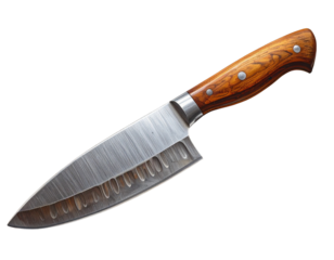 Sharp chef knife with wooden handle and textured blade