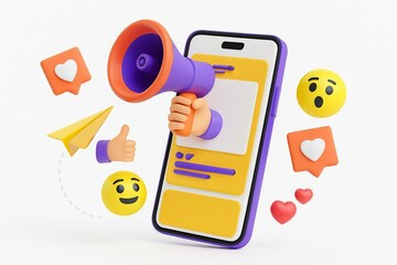3d illustration of a hand holding a megaphone out of a smartphone screen surrounded by social media icons
