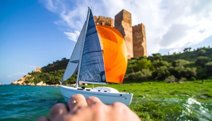 A small sailboat with an orange sail glides on the water, a picturesque coastal scene with ancient walls in the background.