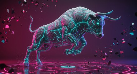 Dynamic charging bull leaps forward a futuristic symbol of financial power and technological strength with vibrant neon illumination