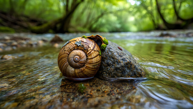 A detailed closeup captures a weathered snail shell resting on a mosscovered rock in a clear, flowing forest stream, with lush green trees blurred in the background