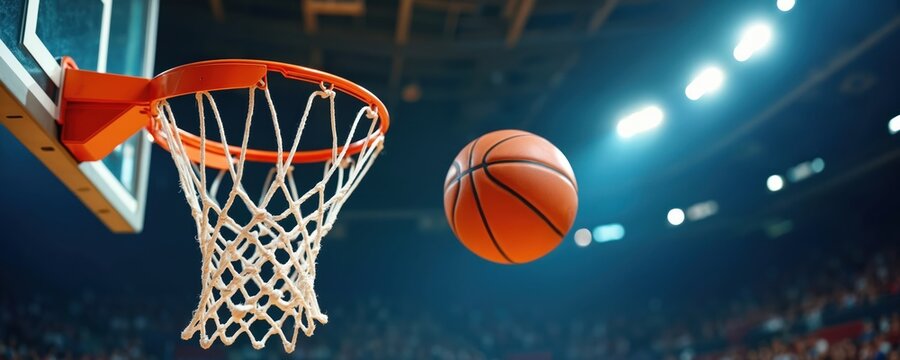 Basketball player prepares to make shot on hoop. Ball suspended in mid-air. Court background with crowd of spectators. Low-angle shot emphasizing height of hoop and player determination.