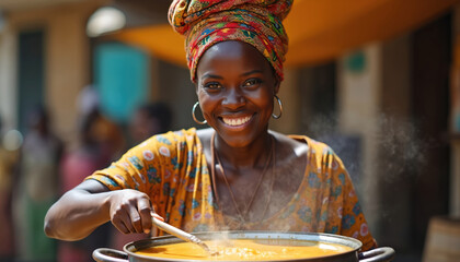Joyful African woman stirs soup in pot, smiling. Young girl in traditional attire with head wrap and earrings. Cooking outdoors with warm colors and background. Healthy food concept.