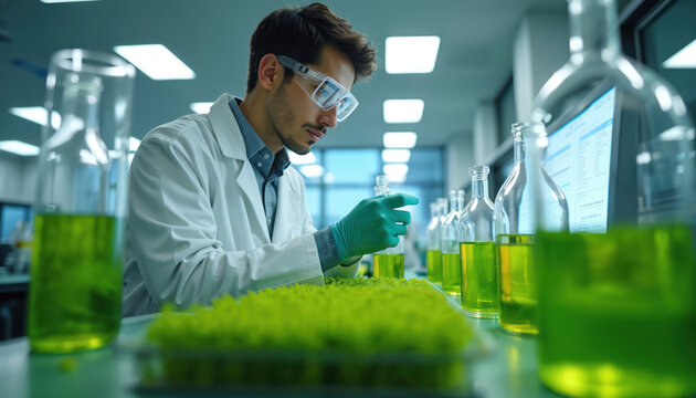 Scientist in lab coat conducts experiment in well-equipped laboratory. Green safety glove holds test tube with green liquid. Various equipment, glassware, computer monitor, beaker. Spacious room with