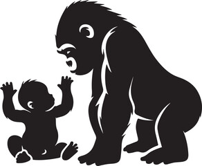 Gorilla Family Silhouette Vector – Black and White Wildlife Illustration of Parent and Baby Apes
