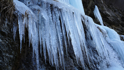 A cascade of sharp, translucent icicles hangs precariously from a dark, rocky cliff face, glistening with captured light and hinting at the harsh beauty of a frozen winter landscape