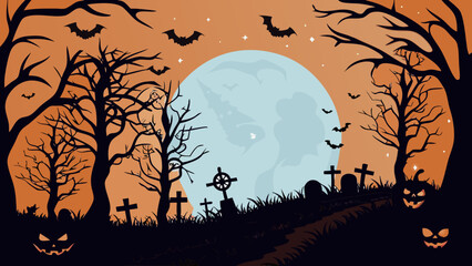 Halloween Graveyard Vector Background with Pumpkins, Bats, and Full Moon Night