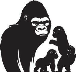 Gorilla Family Silhouette Vector – Black and White Wildlife Illustration of Parent and Baby Apes