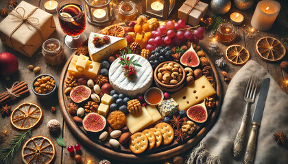 A close-up top-down view of a festive holiday gourmet food board featuring an assortment of cheeses, nuts, and fruits