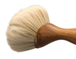 Close up of a natural bristle shaving brush with a wooden handle