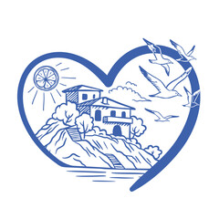 Summer in heart frame Hand-drawn vector illustration. Scenic coastal village with houses on cliffs, seagulls, sun, and citrus