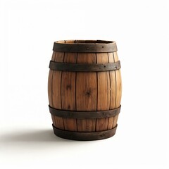 Rustic wooden barrel stands upright on white background. Crafted from light-colored wood with darker brown band around sides. Barrel lid ajar, revealing interior. Simple, solitary setting creates