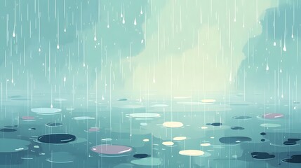 A calm rainy day mood drawn in cartoon style, with raindrops falling gently