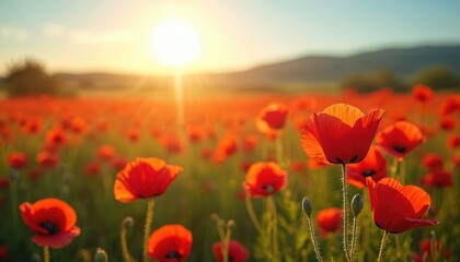 Vibrant field of red poppies in circular pattern. Sun sets in background behind lush green landscape. Trees, hills visible in distance. Clear blue sky above with sun behind horizon.
