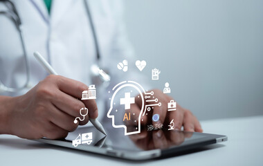 Doctor using tablet with stylus and AI healthcare interface icons, representing artificial intelligence in medicine, digital health innovation, smart hospital system and patient data management