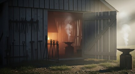 Rustic Blacksmith Workshop with Anvil and Tools in Smoky Atmosphere