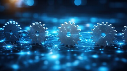 Row of Interconnected Gears with Digital Lines on Blue - toned Background 