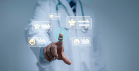 Doctor touching digital interface with patient feedback icons and rating stars, representing healthcare review system, medical satisfaction survey  and hospital service quality