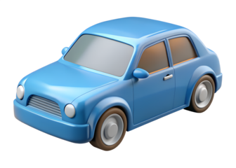 A stylized blue car with rounded features and a simple design in a studio shot on transparent background