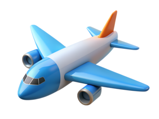 A stylized blue and white airplane with orange tail fin in a cartoon style on transparent background