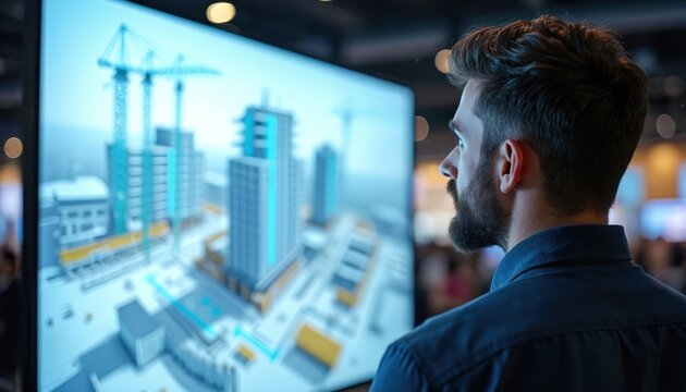 Man in blue shirt reviews digital building design on large screen. 3D cityscape rendering urban architecture, construction, engineering, planning. Architect examines blueprint, crane, cad, drafting,