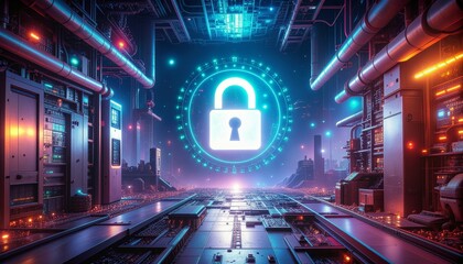 Futuristic Cyber Security Background with Digital Lock and Circuit Pattern
