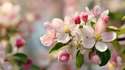 Obraz premium Close-up of apple blossoms with bokeh orchard backdrop, natural pastel tones