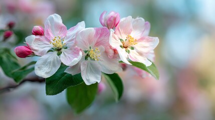Obraz premium Close-up of apple blossoms with bokeh orchard backdrop, natural pastel tones