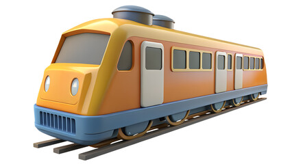 A stylized cartoon train with yellow and orange coloring on a track against a transparent background