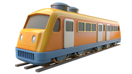 A stylized cartoon train with yellow and orange coloring on a track against a transparent background
