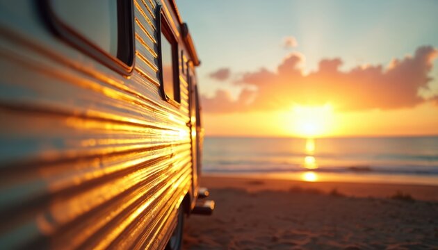 Camper van parked on ocean beach during sunrise. Warm sun rays shine over the water. Golden light on the horizon, a beautiful view of nature, travel. Summer vacation, adventure road trip.
