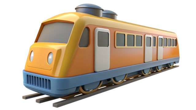 A stylized cartoon train with yellow and orange coloring on a track against a transparent background - Powered by Adobe