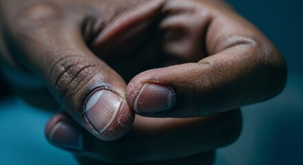 Flaky skin near fingernails with cracked cuticles in cold clinical light and gritty medical close-up