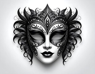 An ornate Venetian-style mask, black and white, features elaborate filigree and feathered accents
