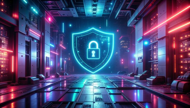 Futuristic Cyber Security Background with Digital Lock and Circuit Pattern