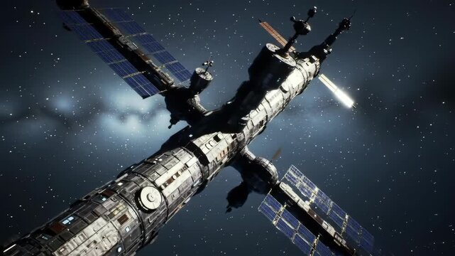 Space station rotating slowly with solar panels catching sunlight