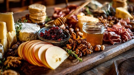 Fall-themed charcuterie board featuring apple slices, cheeses, nuts, and honey