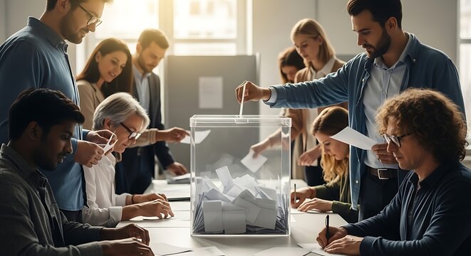 A diverse group of citizens exercising their right to vote during an important election, symbolizing democracy and civic participation