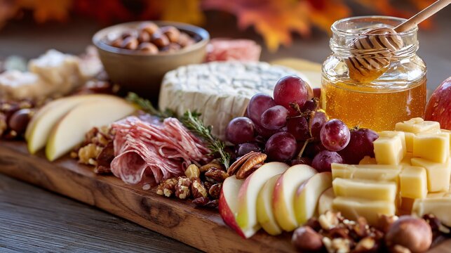 Fall-themed charcuterie board featuring apple slices, cheeses, nuts, and honey