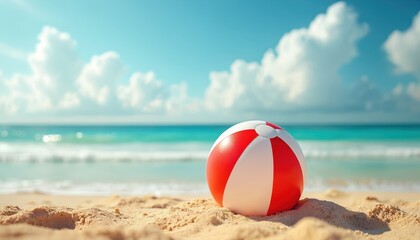 Obraz premium Vibrant beach scene with red, white striped beach ball on beige sand. Azure blue ocean stretches out to horizon meeting clear blue sky with wispy clouds. Perfect day getaway, tropical joy, island