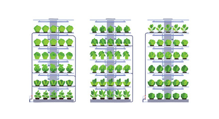 Modern vertical indoor vegetable gardens with multiple shelves showcasing leafy greens and herbs in a futuristic urban farming environment